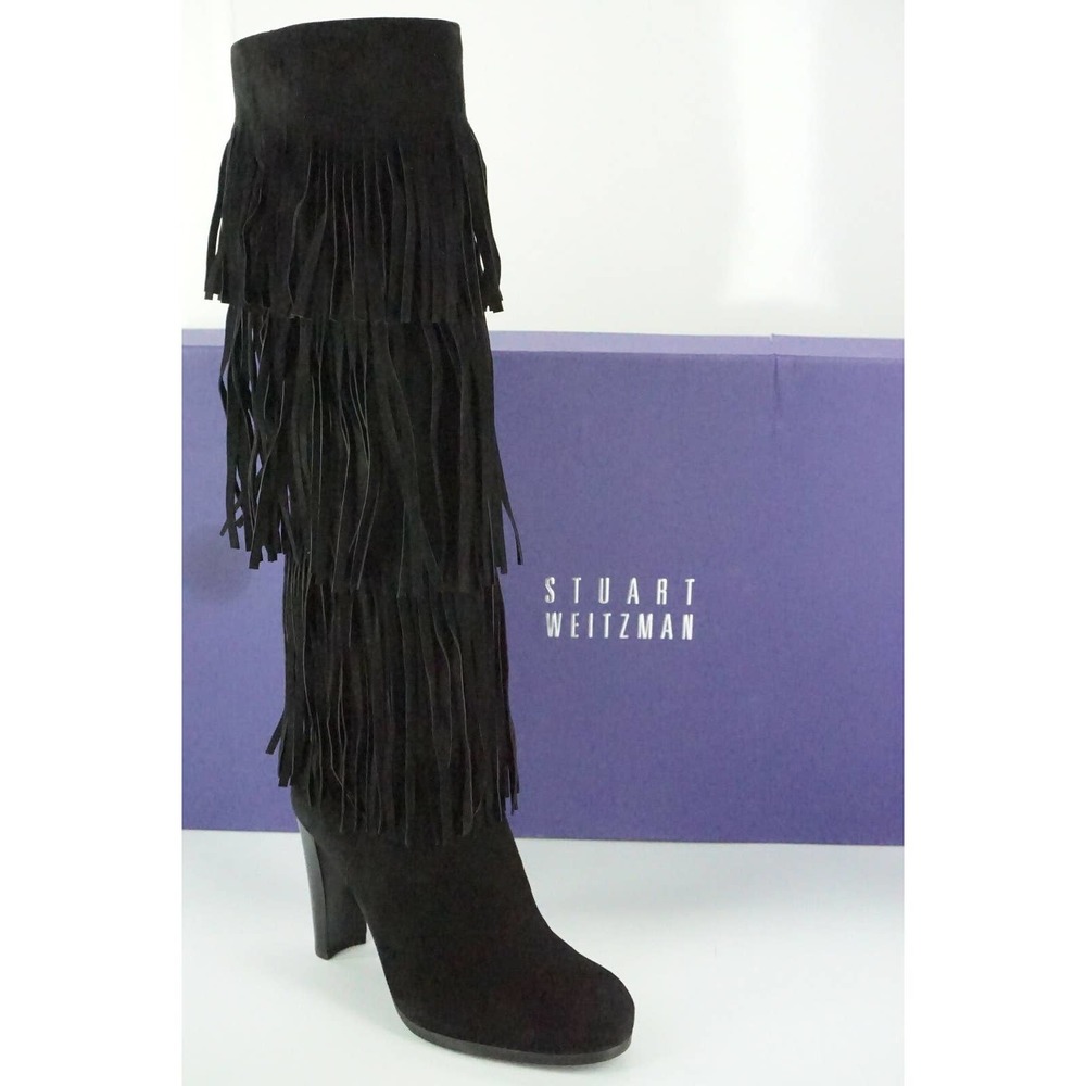 Stuart Weitzman Black Suede Fringie Knee High Boots Heel NIB  stretch